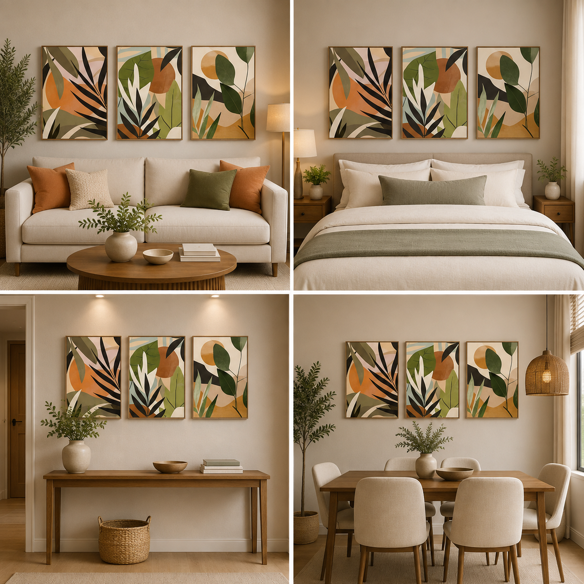 Tropical Botanical Abstract Canvas Wall Art Set of 3 for Modern Home and Office Decor