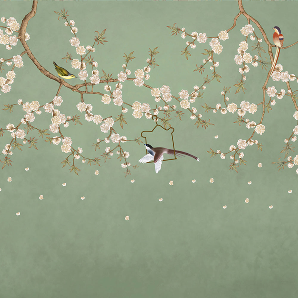 Chirping Birds on Floral Tree Self Adhesive Wallpaper