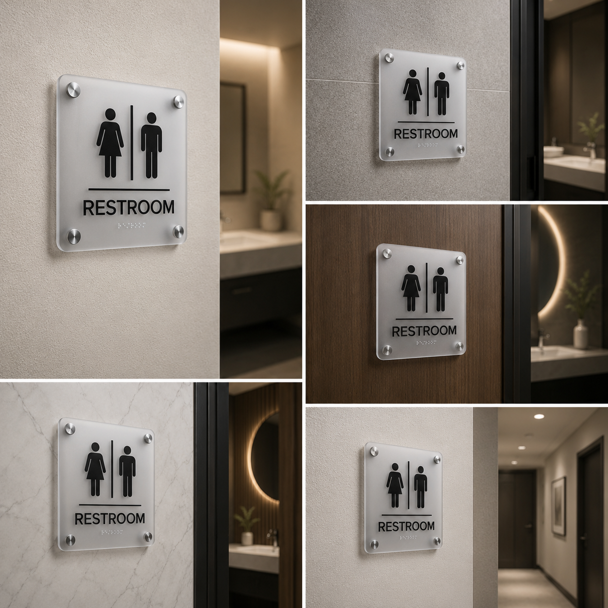 Modern Restroom Wall Sign | Acrylic Bathroom Plaque with Braille Accessibility