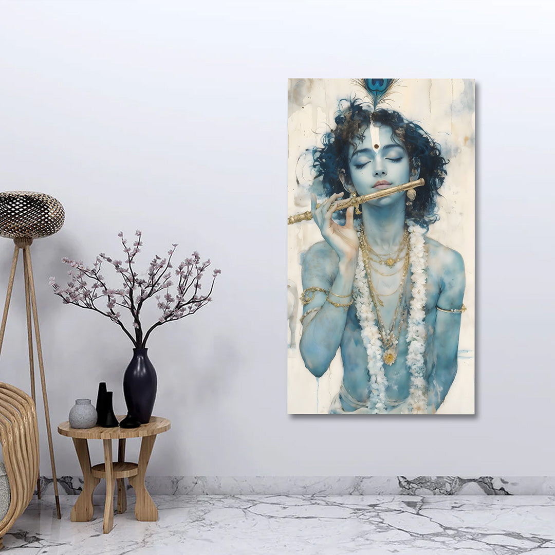 Minimal Lord Krishna Flute Canvas Painting Frame | Soft Tone Modern Krishna Wall Art | Elegant Spiritual Canvas Wall Decor for Living Room