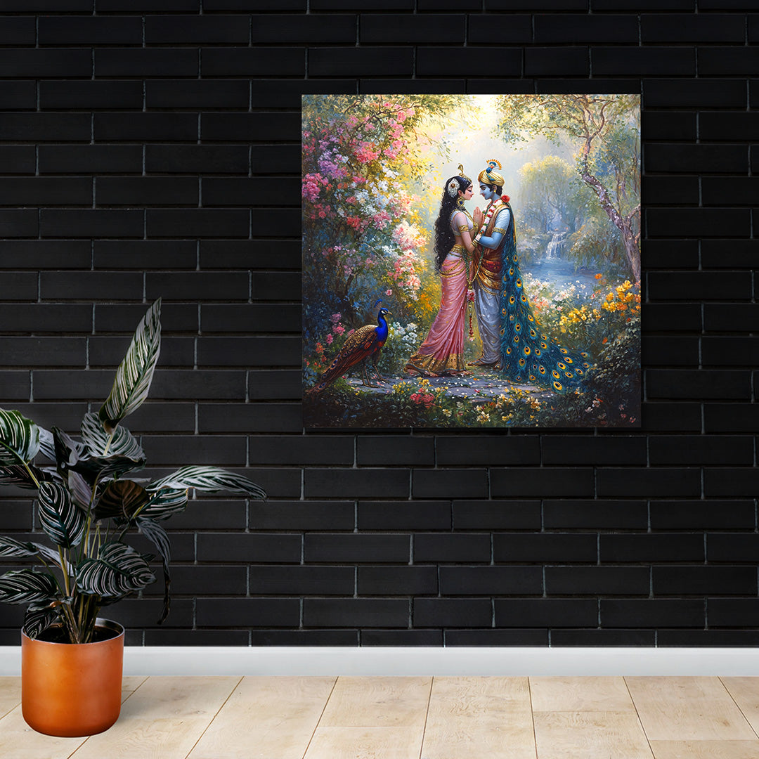 Radha Krishna Garden Canvas Painting Frame Peacock Nature Wall Art for Living Room Décor