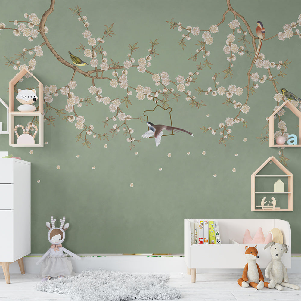 Chirping Birds on Floral Tree Self Adhesive Wallpaper