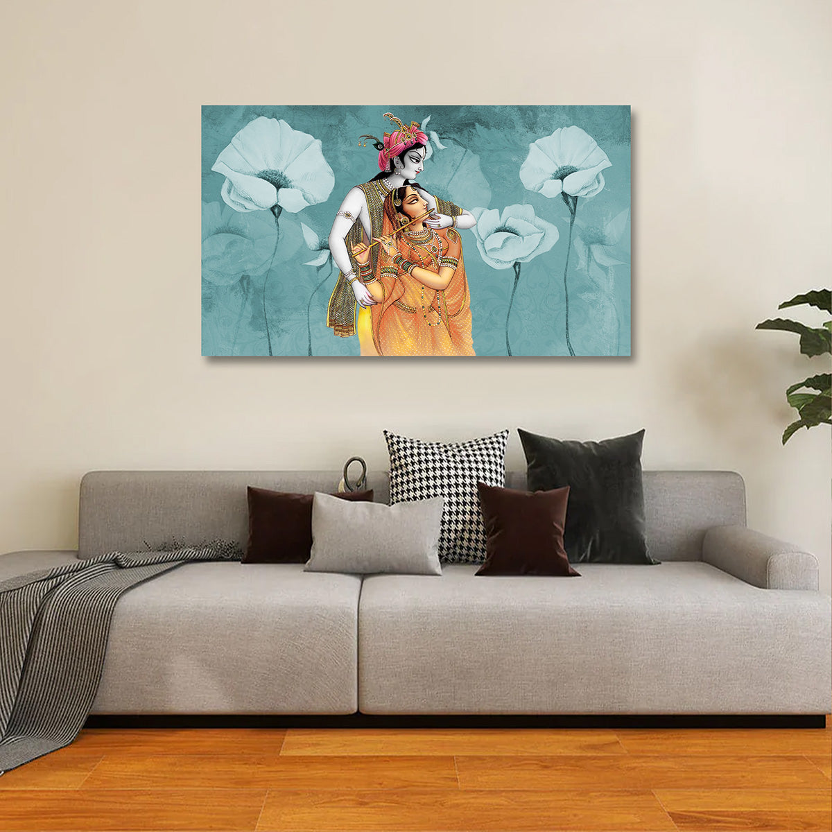 Radha Krishna Floral Pastel Canvas Painting Frame Horizontal Wall Art for Living Room Decor