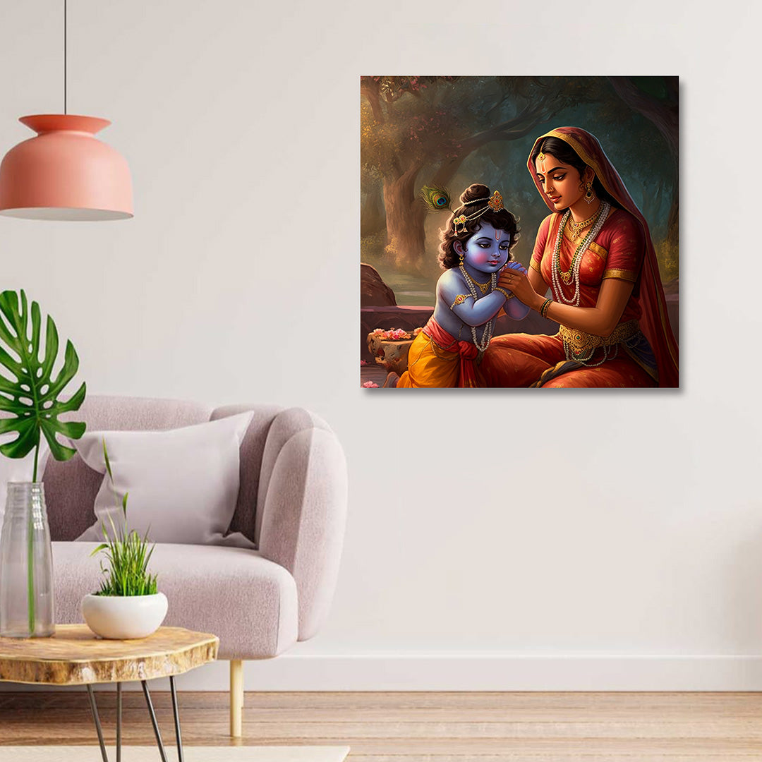 Yashoda Krishna Canvas Painting Frame Wall Decor for Living Room Mother Child Spiritual Artwork
