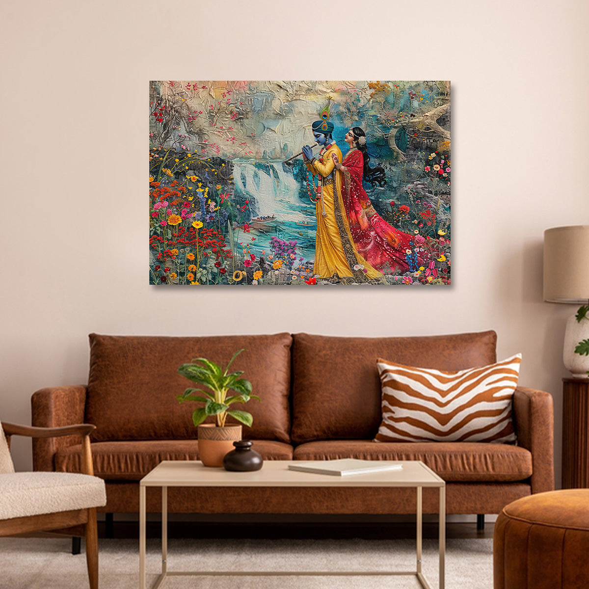 Radha Krishna Waterfall Canvas Painting Frame Wall Decor for Living Room Nature Spiritual Artwork