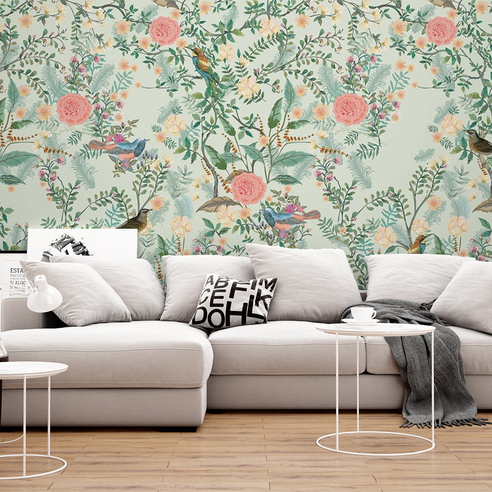 Birds on Floral Tree Artful Wallpaper for Living Room