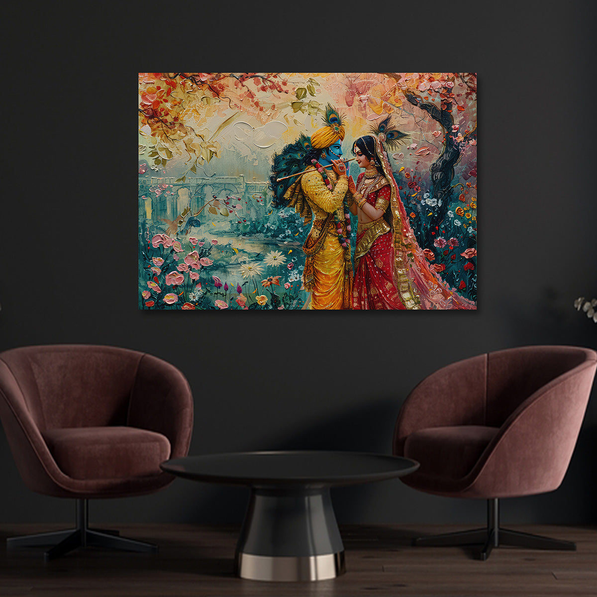 Radha Krishna Romantic Garden Canvas Painting Frame Horizontal Wall Art for Living Room Decor