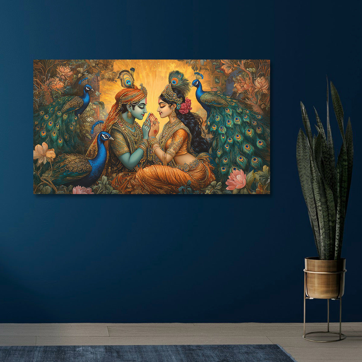 Radha Krishna Canvas Painting Frame with Peacock Wall Decor for Living Room Spiritual Artwork