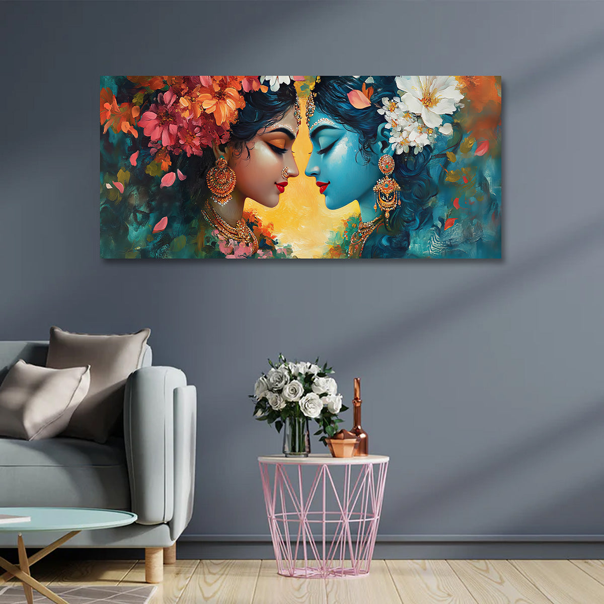 Radha Krishna Vibrant Floral Canvas Painting Frame Horizontal Wall Art for Living Room Decor