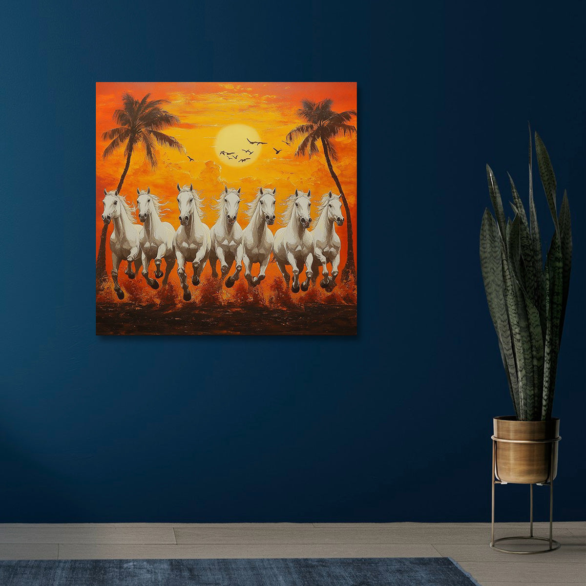 Seven White Horses Sunset Canvas Painting Frame Wall Decor for Living Room Palm Tree Vastu Artwork