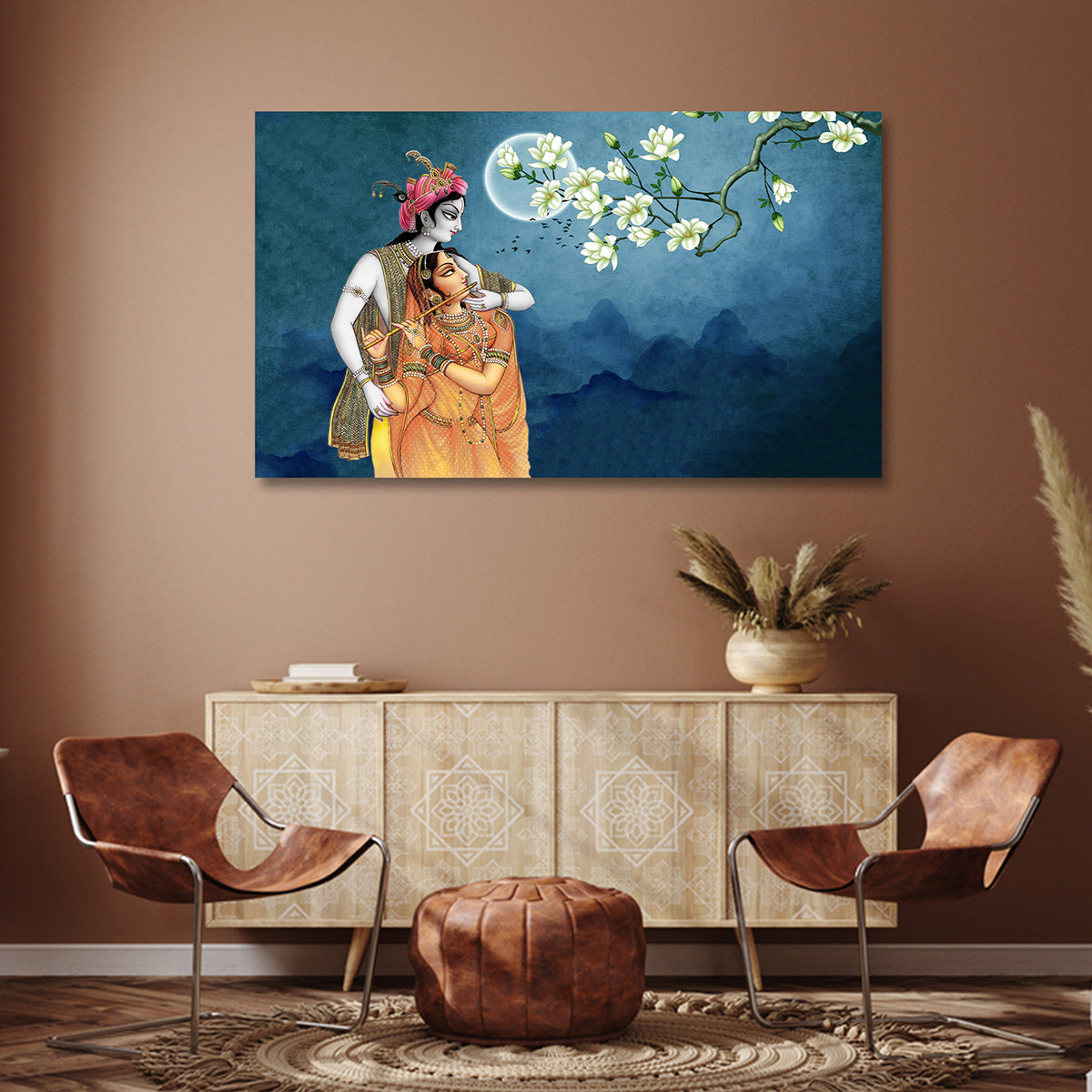 Radha Krishna Moonlight Canvas Painting Frame Floral Night Wall Art for Living Room Decor