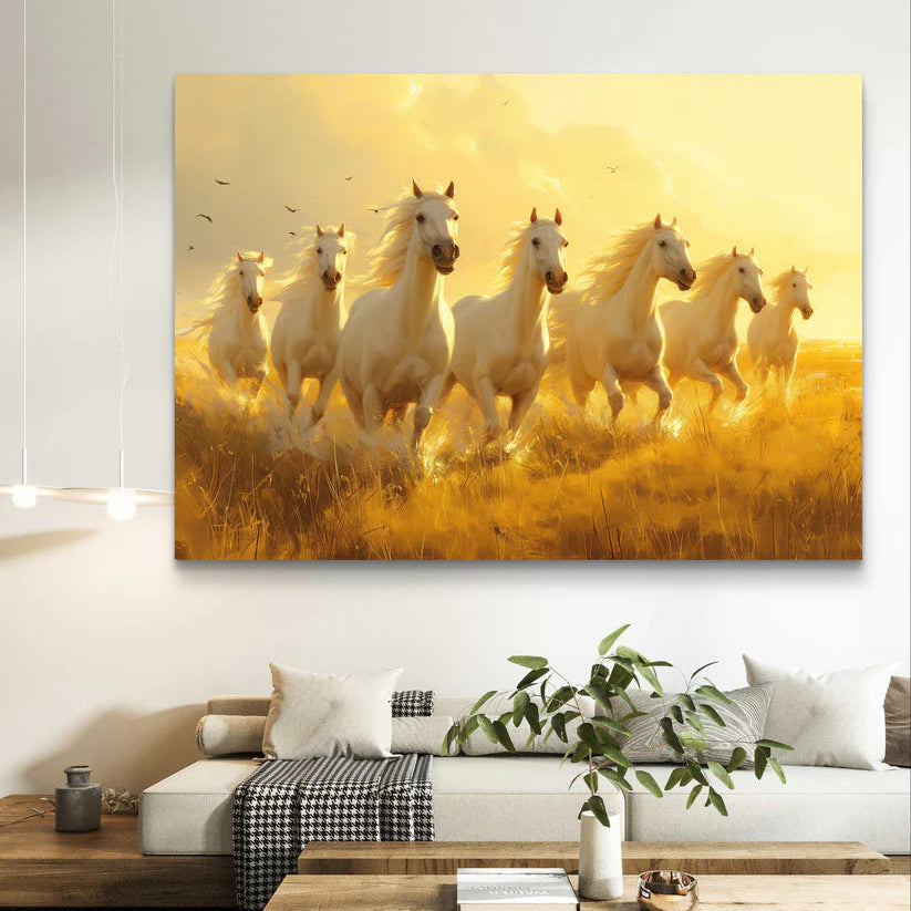 Seven White Running Horses Painting | Vastu Canvas Painting