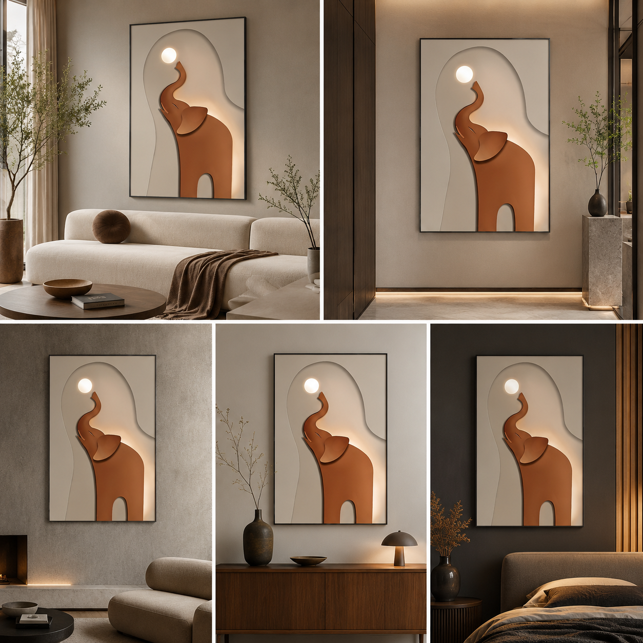 Modern 3D Elephant Wall Art Panel | Abstract Animal Wall Decor with Ambient Light Effect | Luxury Interior Artwork