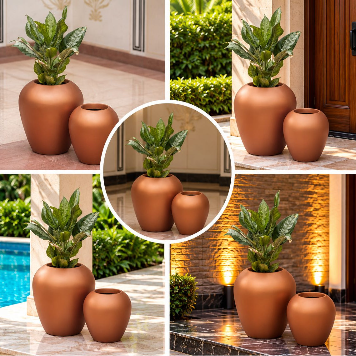 Set of 2 Terracotta Brown Decorative Planters for Indoor Outdoor Decor, Modern Plant Pots