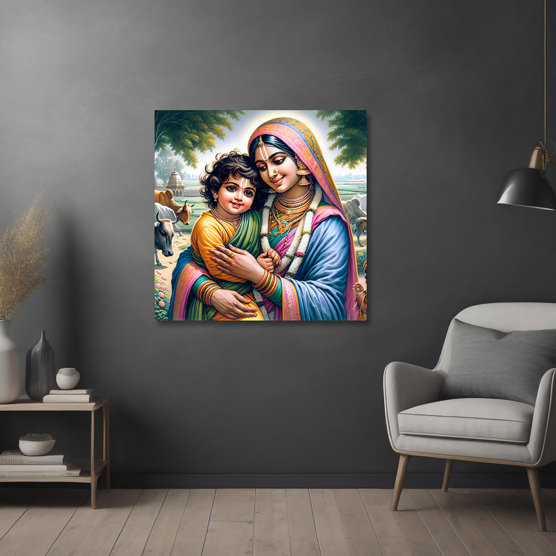 Yashoda Krishna Love Canvas Painting Frame Wall Decor for Living Room Mother Child Artwork
