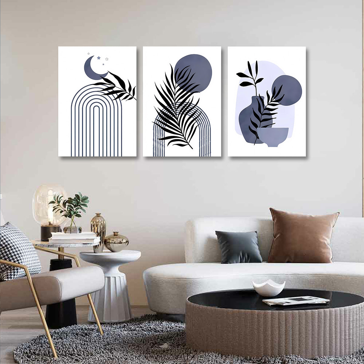 Abstract Moon Botanical Wall Art Set of 3 Panels | Minimalist Blue Leaf Canvas Painting | Acrylic UV Printed Wall Decor for Living Room Bedroom (18 x 24 Inches Each Part)