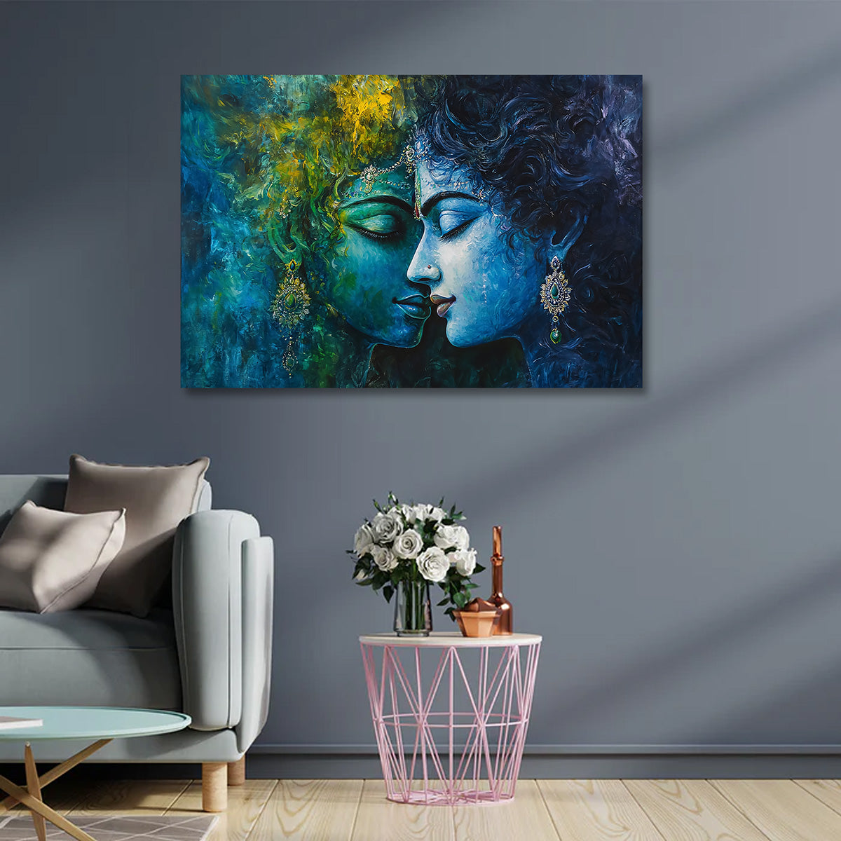 Radha Krishna Abstract Blue Canvas Painting Frame Wall Decor for Living Room Modern Spiritual Artwork