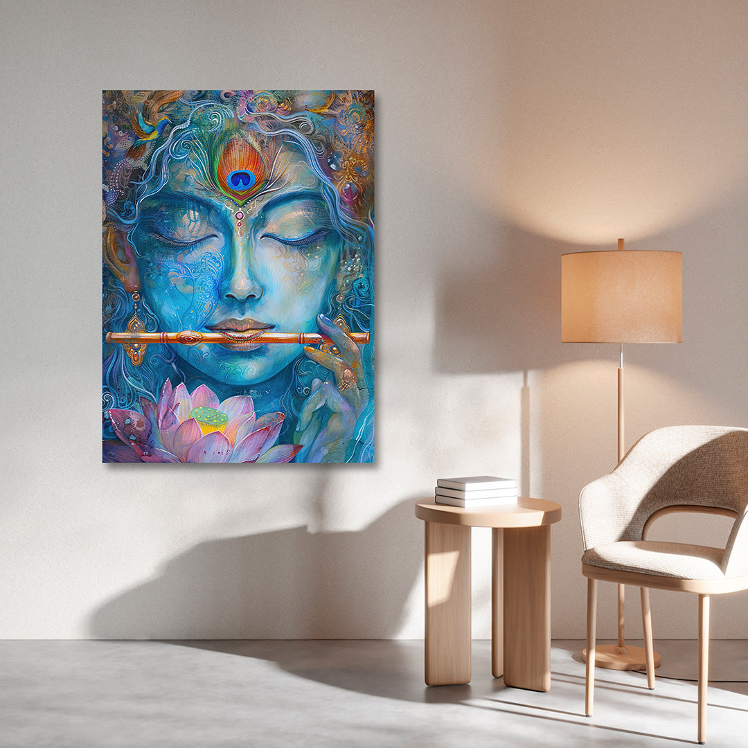 Lord Krishna Flute Lotus Canvas Painting Frame Blue Spiritual Wall Decor for Living Room Modern Artwork