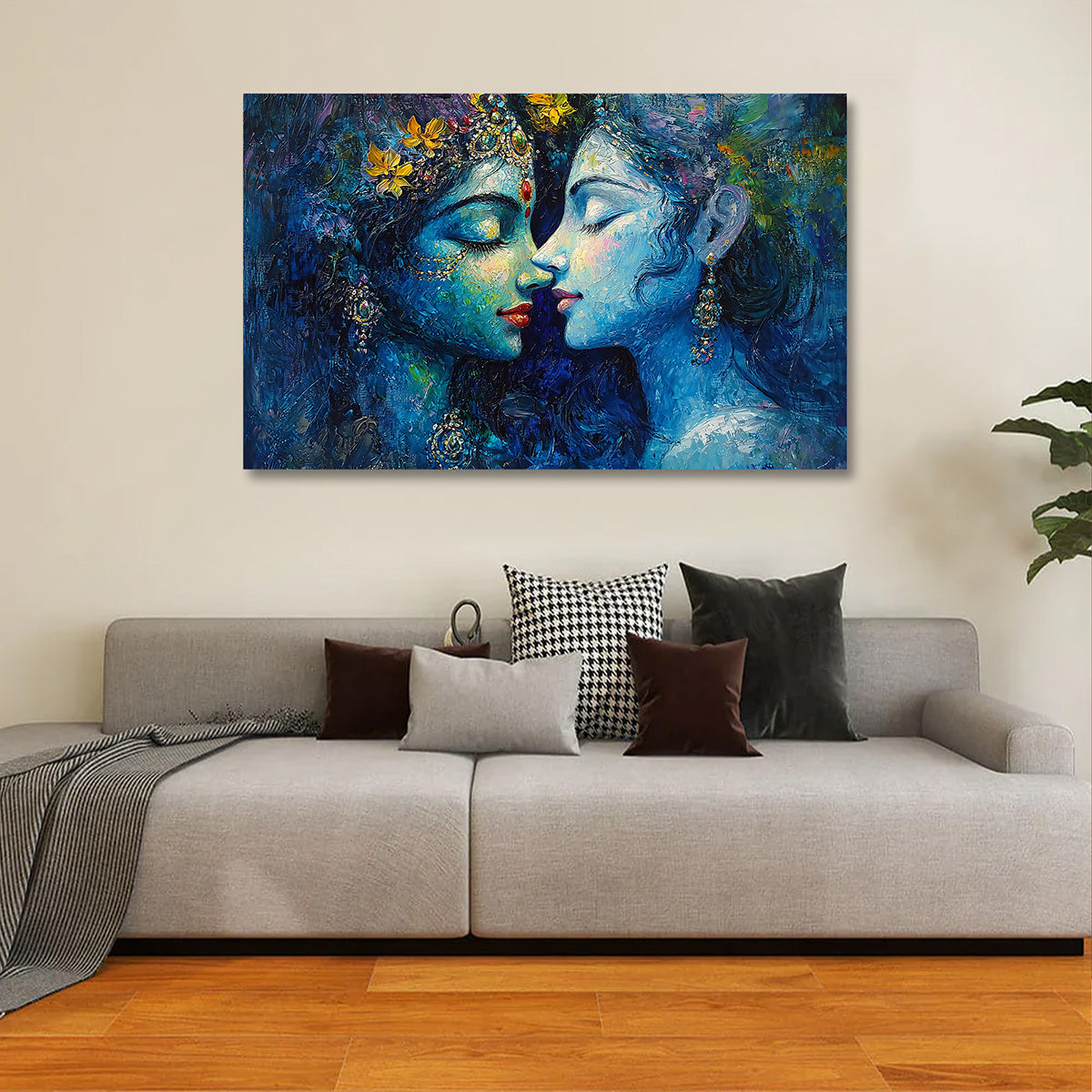 Radha Krishna Blue Abstract Canvas Painting Frame Horizontal Wall Art for Living Room Decor
