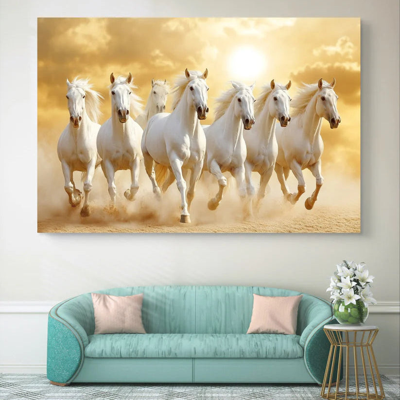 White Seven Running Horses Painting | Vastu Canvas Painting
