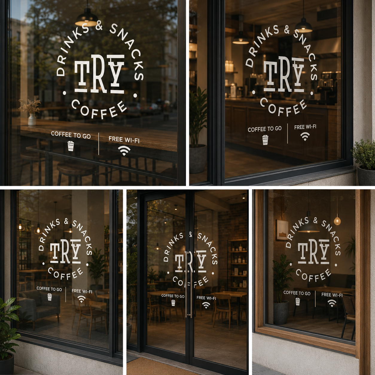 Coffee Shop Vinyl Glass Branding Sticker with Logo, Coffee To Go & Free WiFi Window Decal