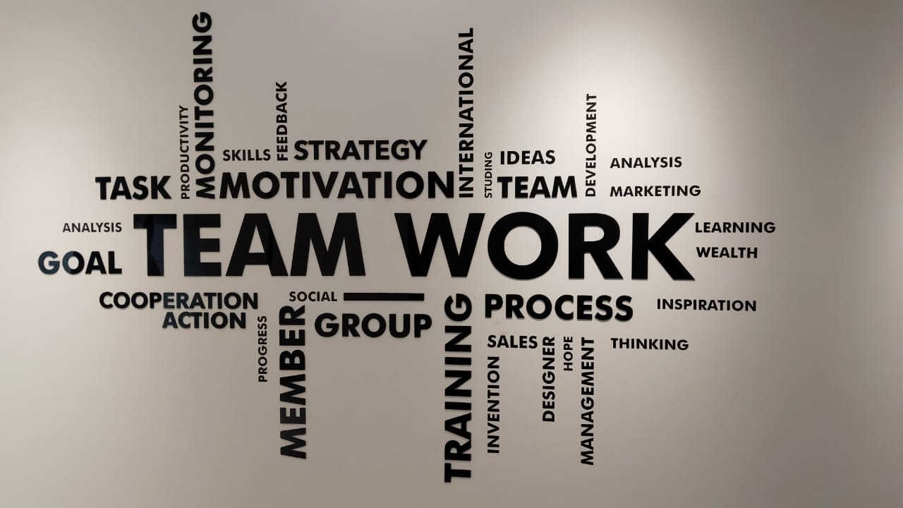3D Office Wall Decors Team Work for Wall Decors | 3D Acrylic Letters Word cloud with teamwork-related terms on a beige background