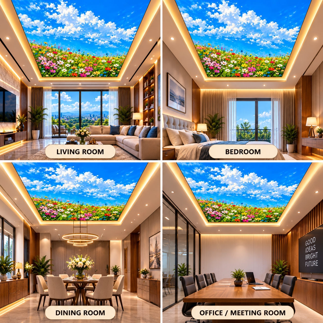 Colorful flower garden ceiling design with blue sky and clouds for bedroom, office and dining room