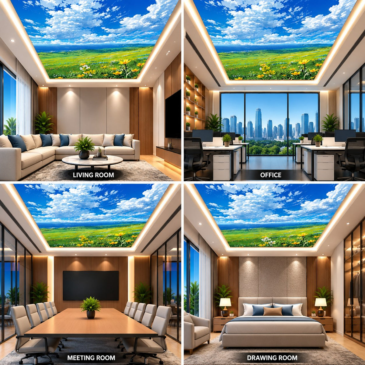 Scenic green meadow ceiling wallpaper with blue sky and clouds for office, meeting room and bedroom
