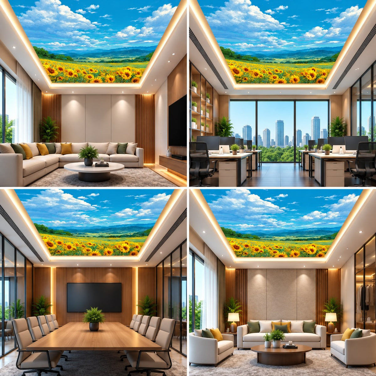 Sunflower landscape ceiling with blue sky and green fields for office, meeting room and drawing room