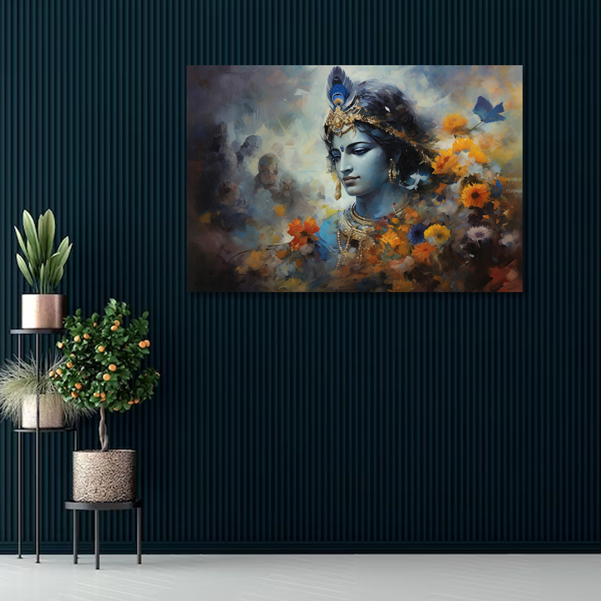 Lord Krishna Canvas Painting Frame Floral Artistic Wall Decor for Living Room Spiritual Artwork