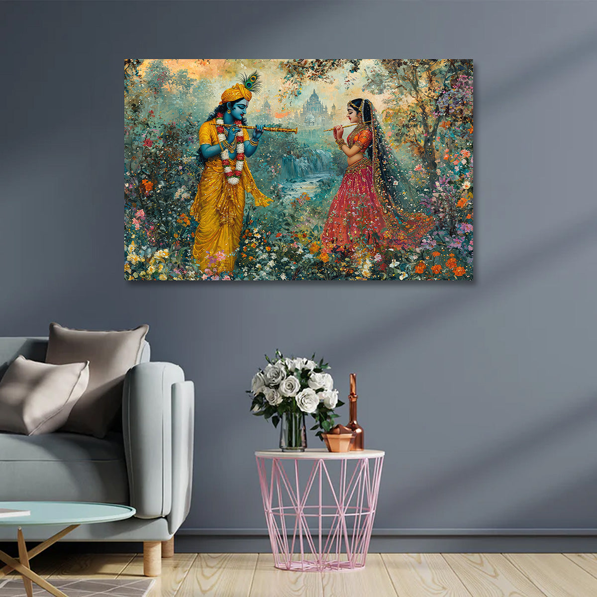 Radha Krishna Musical Garden Canvas Painting Frame Wall Decor for Living Room Nature Spiritual Artwork