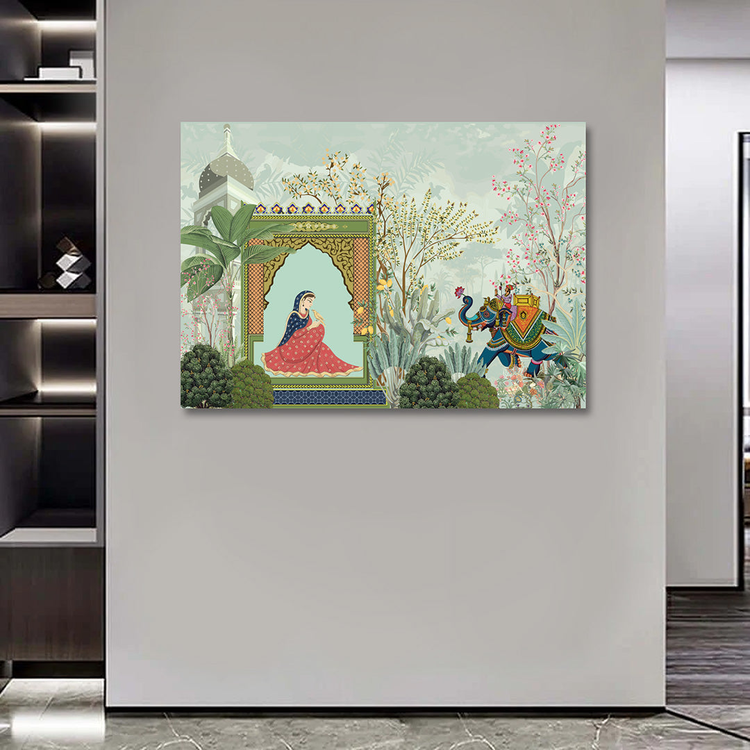 Rajasthani Palace Lady Elephant Canvas Painting Frame Wall Decor for Living Room Ethnic Artwork
