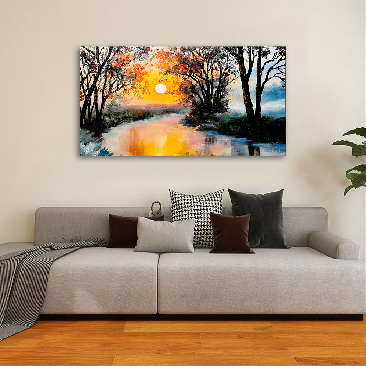 Sunset River Landscape Wall Painting | Modern Nature Canvas Art with Trees | Horizontal Acrylic UV Printed Wall Decor for Living Room