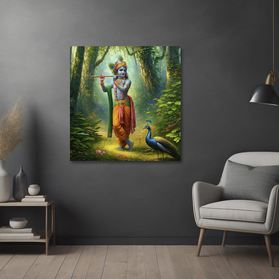 Krishna with Peacock Forest Canvas Painting Frame Wall Decor for Living Room Spiritual Artwork