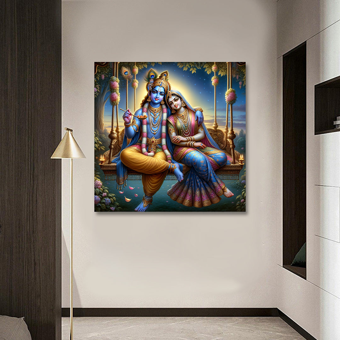 Radha Krishna Swing Canvas Painting Frame Wall Decor for Living Room Romantic Spiritual Artwork