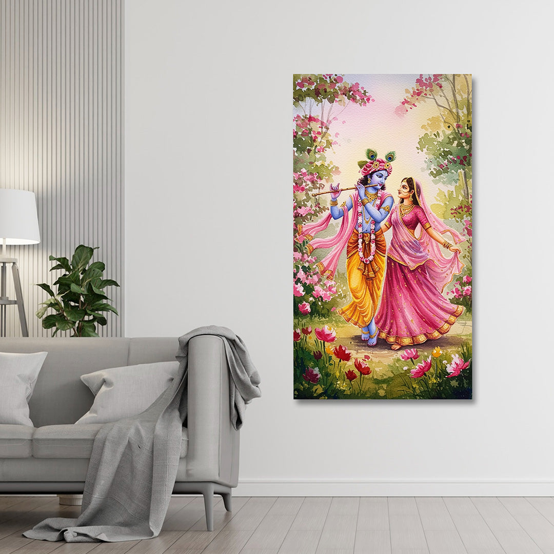 Radha Krishna Vertical Canvas Painting Frame Floral Garden Wall Decor for Living Room Spiritual Artwork