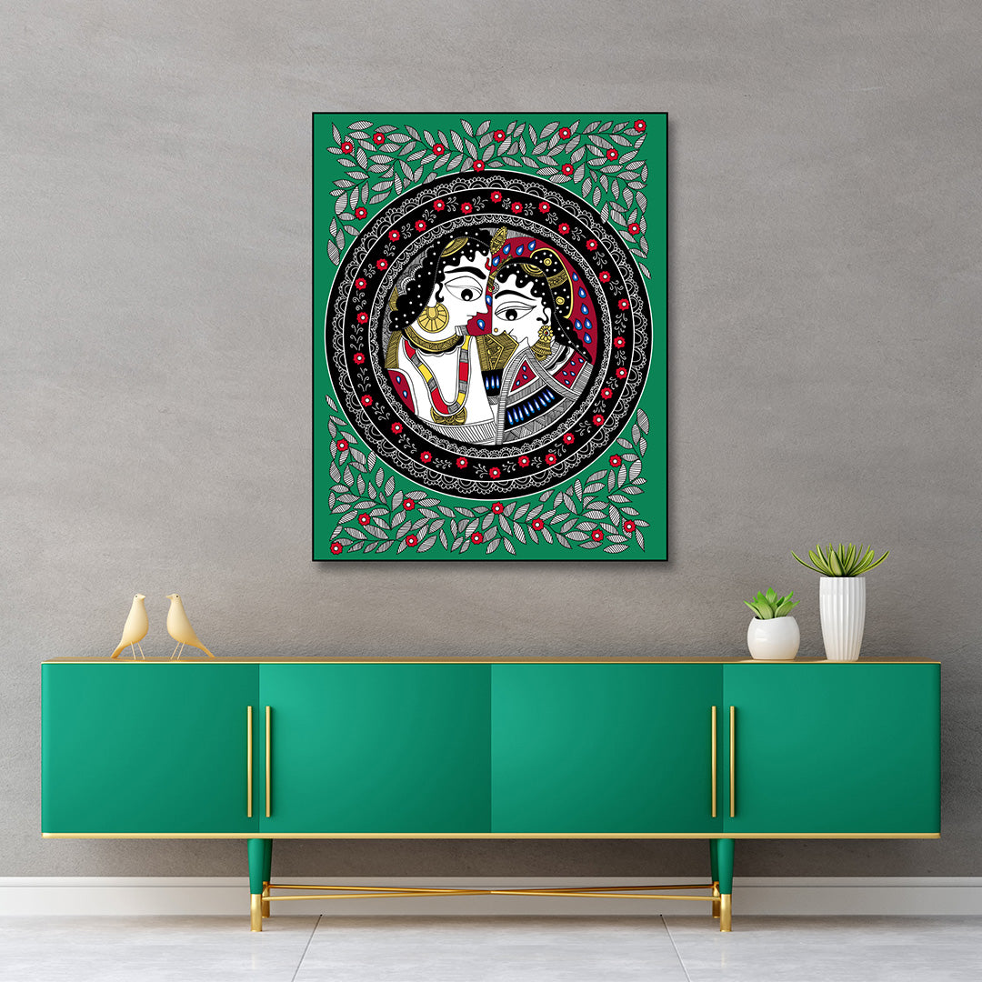 Radha Krishna Madhubani Art Canvas Painting Frame Wall Decor for Living Room Traditional Artwork
