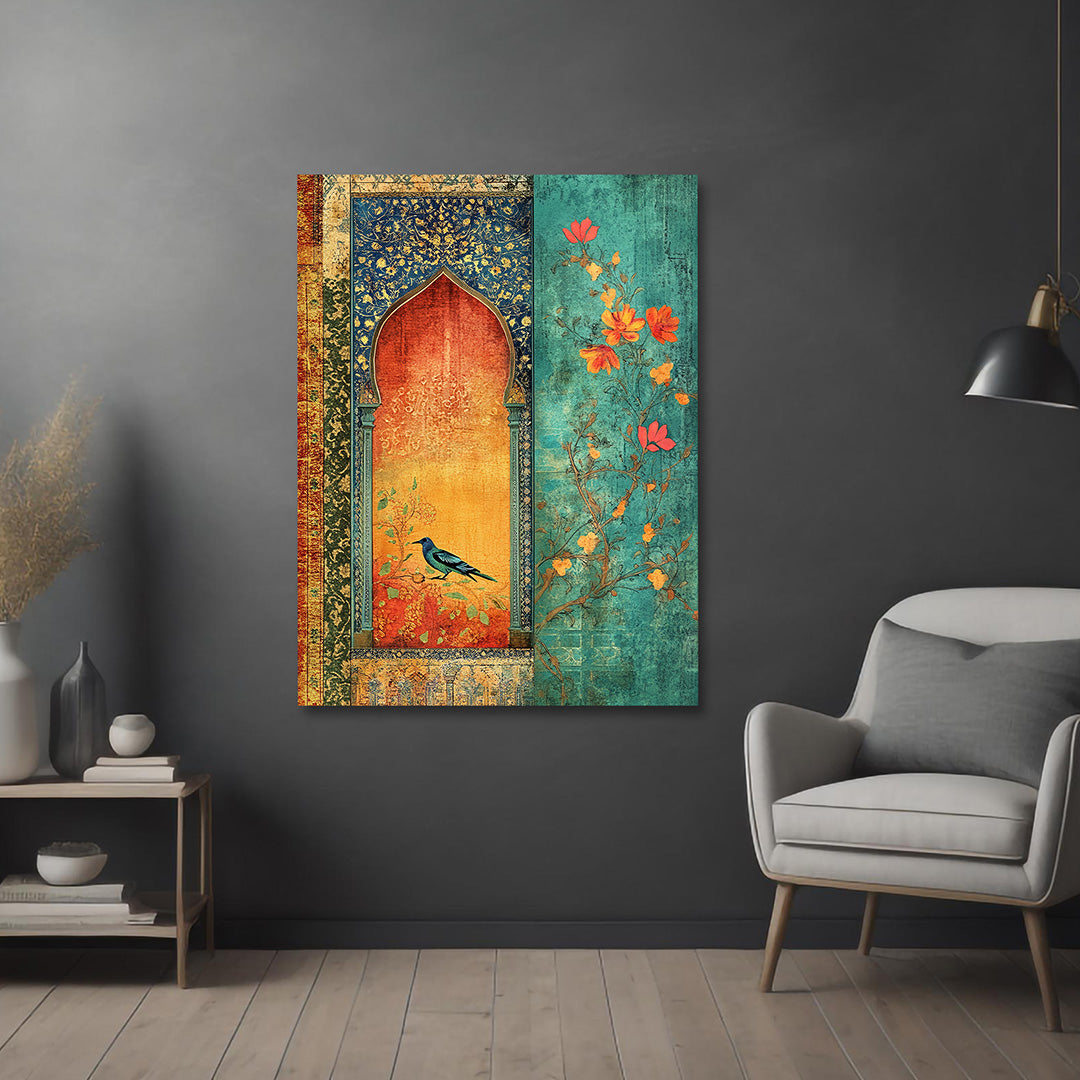 Vintage Mughal Arch Bird Canvas Wall Painting | Floral Heritage Artwork | Premium Ethnic Wall Decor