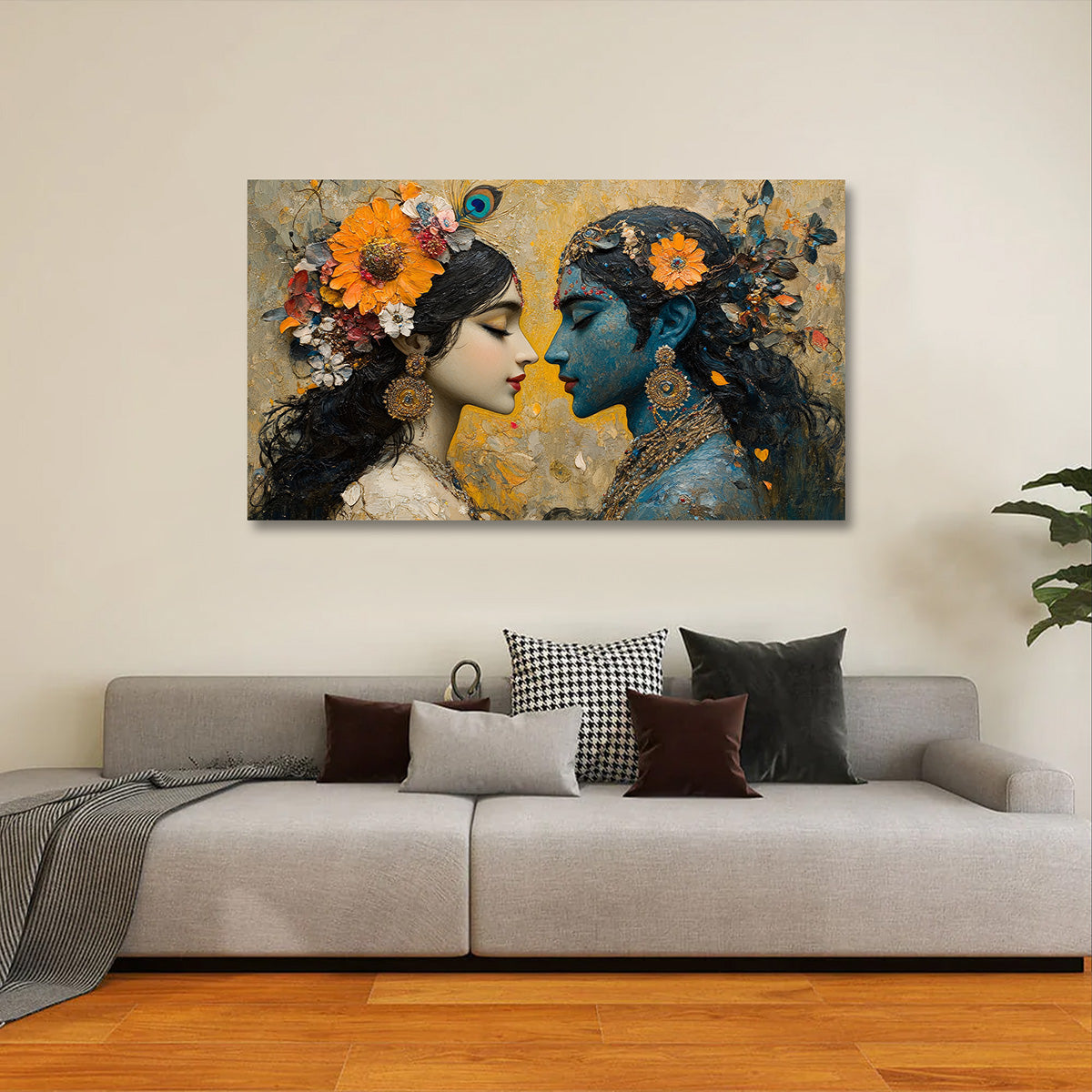 Radha Krishna Floral Abstract Canvas Painting Frame Wall Decor for Living Room Modern Romantic Artwork