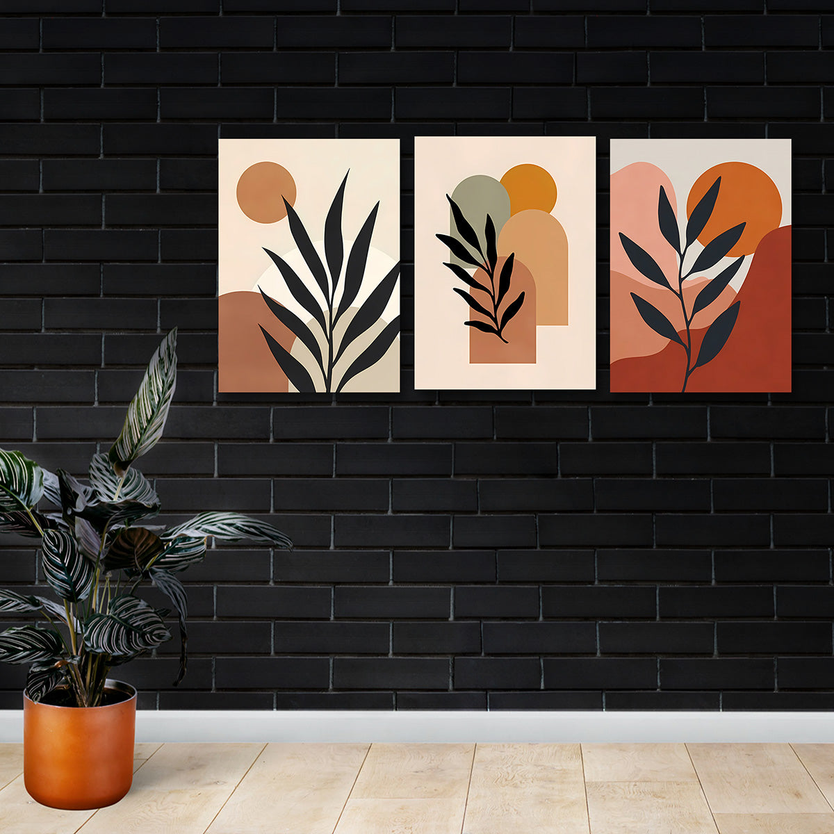 Modern Boho Abstract Wall Art Set of 3 Panels | Sun & Botanical Geometric Canvas | Mid Century Acrylic UV Printed Wall Decor (18 x 24 Inches Each Part)