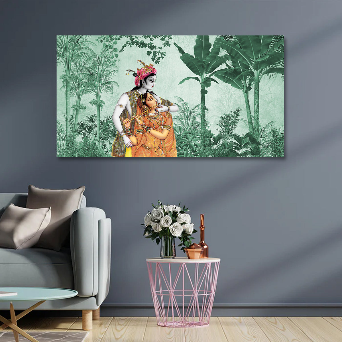 Radha Krishna Jungle Theme Canvas Painting Frame Green Nature Wall Decor for Living Room Panoramic Artwork