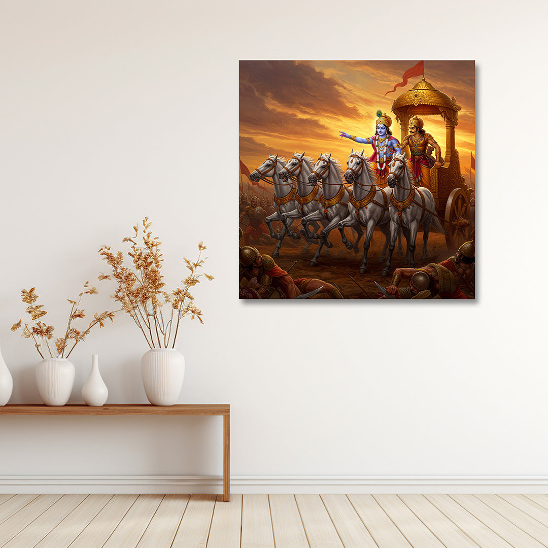 Mahabharat Krishna Arjuna Canvas Painting Frame Wall Decor for Living Room Bhagavad Gita Artwork
