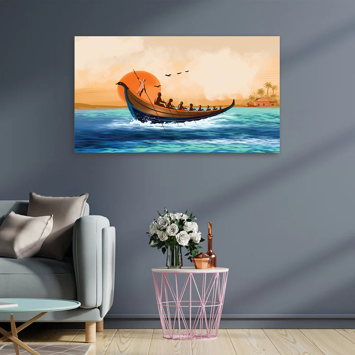 Kerala Boat Race Sunset Canvas Wall Painting | Traditional Vallam Kali Artwork | Premium Coastal Wall Decor