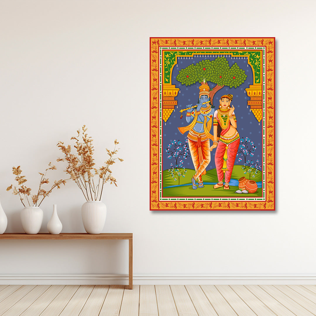 Radha Krishna Traditional Folk Art Canvas Painting Frame Wall Decor for Living Room Ethnic Artwork