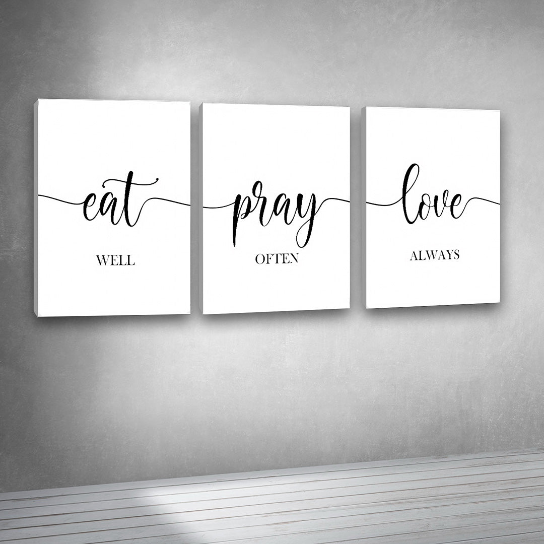Eat Pray Love Wall Art Set of 3 Panels | Minimalist Typography Canvas Painting | Acrylic UV Printed Motivational Wall Decor for Living Room Bedroom (18 x 24 Inches Each Part)