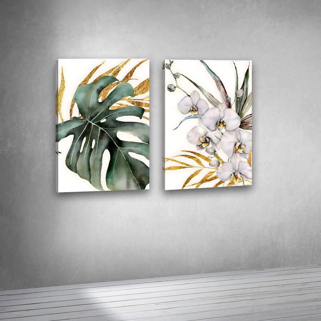 Botanical Leaf & Orchid Wall Art Set of 2 Panels | Modern Tropical Canvas Painting | Acrylic UV Printed Wall Decor for Living Room Bedroom (18 x 24 Inches Each Part)