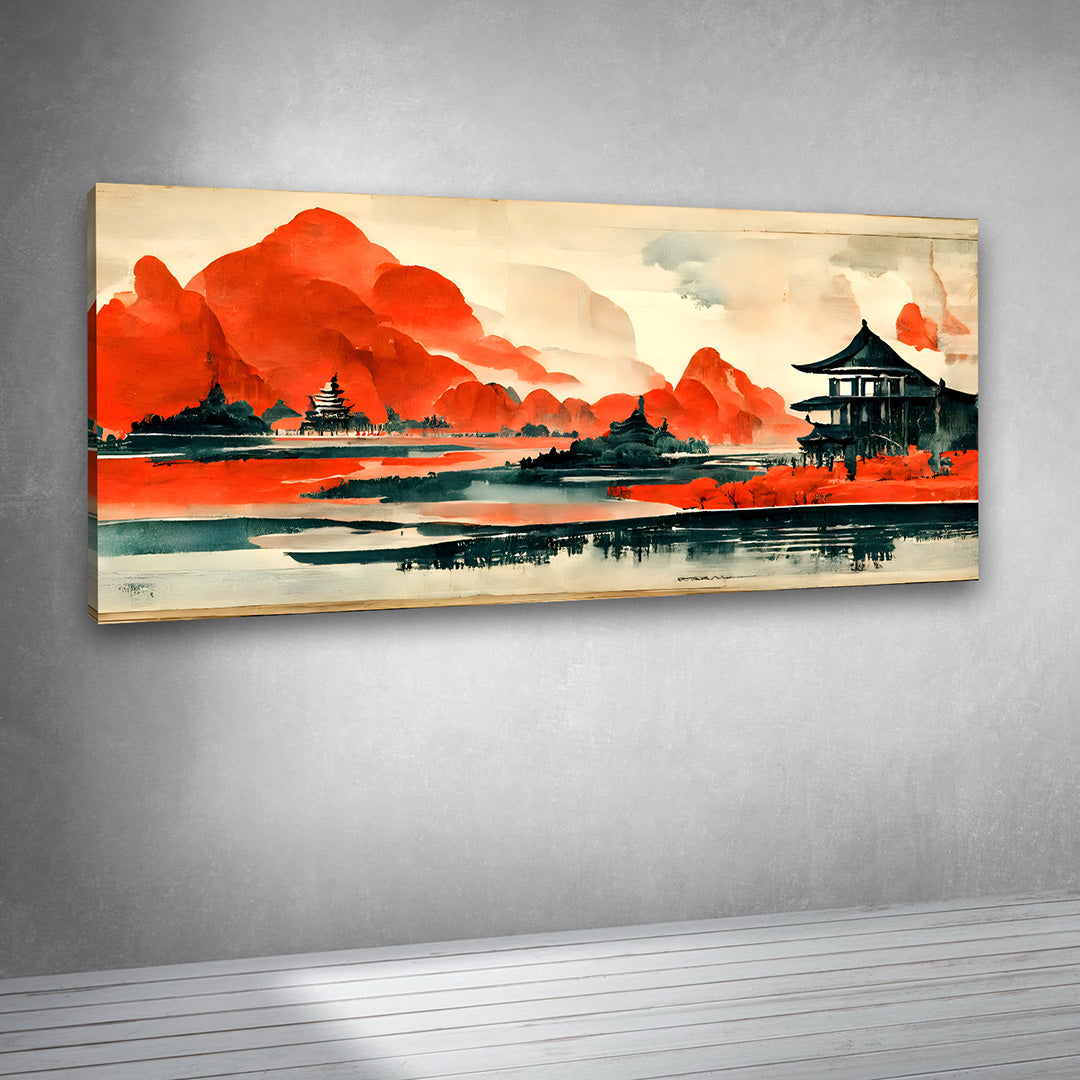 Japanese Landscape Wall Art Canvas | Red Mountain Asian Nature Painting for Living Room