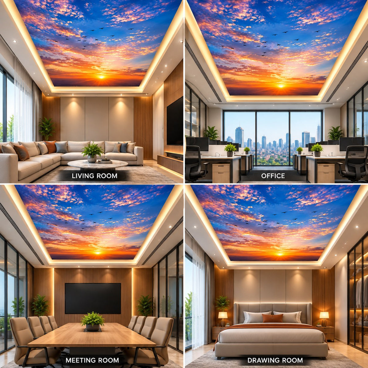 3D Sunset Sky Ceiling Design with Golden Horizon, Clouds & Flying Birds for Interiors