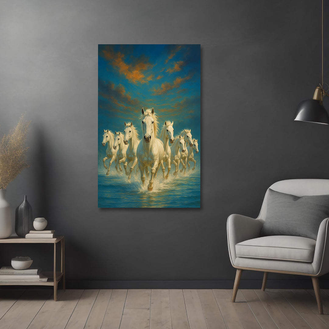 White Running Horses Canvas Painting Frame Wall Decor for Living Room Vastu Horse Artwork