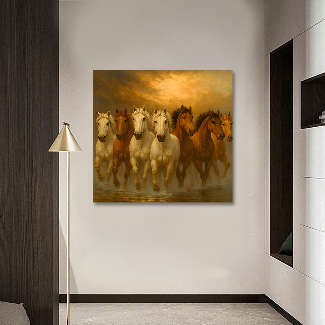 Seven Running Horses Canvas Painting Frame Wall Decor for Living Room Vastu Horse Artwork